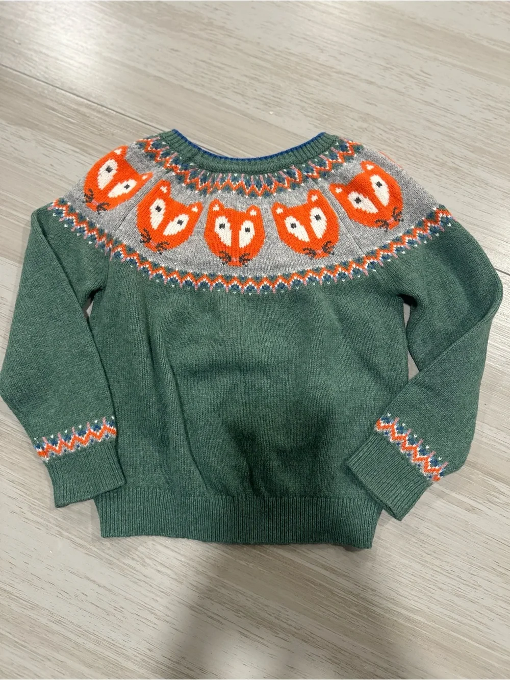 Mini Boden Kids Crew Neck Fair Isle Fox Sweater Green 2-3 Wool Cotton Boy/Girl